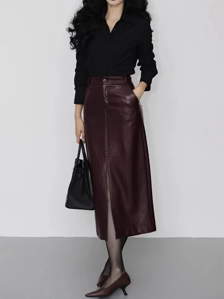 Winter Leather Clothing for Women A-Line Front Split Back Waist Elastic French Long Skirt Female Burdundy Slim Pencil Faldas