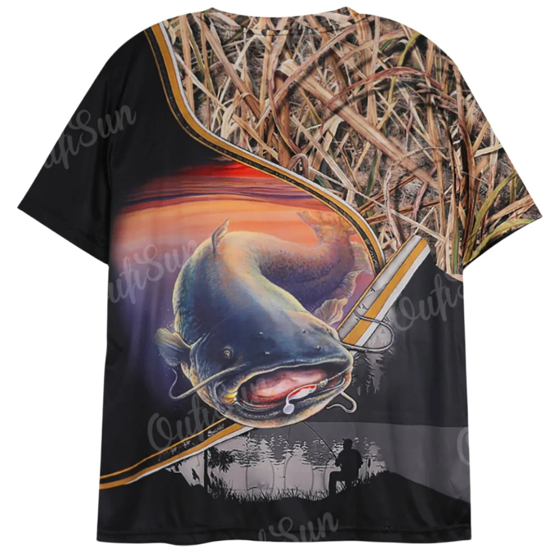 Summer Carp Fishing Print T-shirts for Men Outdoor Catfish Printing Loose Short Sleeve Quick Drying