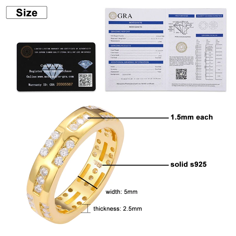 KNOBSPIN D VVS Full Moissanite Ring GRA Certified 925 Sliver Plated 18k Eternity Band HipHop Sparkling Party Rings for Women Man