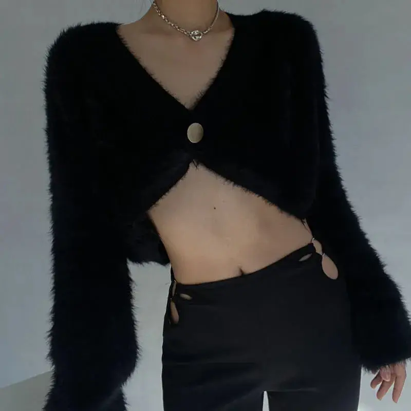 

Deeptown Y2k Cropped Sweater Women Vintage Knitted Cardigan Kpop Sexy Knitwear Korean Fashion Button Streetwear Gyaru Crop Top