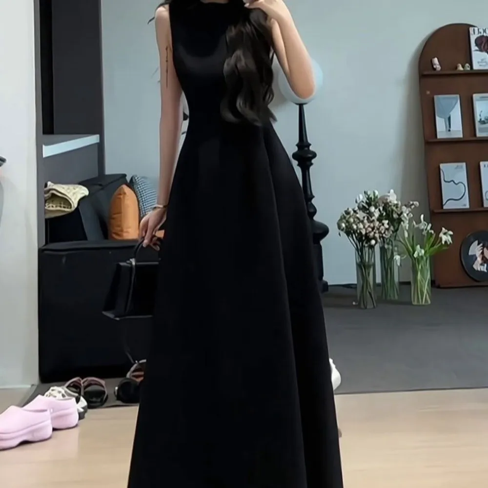 U Neck Sleeveless Long Dress Temperament Elegant Solid Color Long Skirt Long Sleeveless Vest Women Korean Dress Spring Autumn