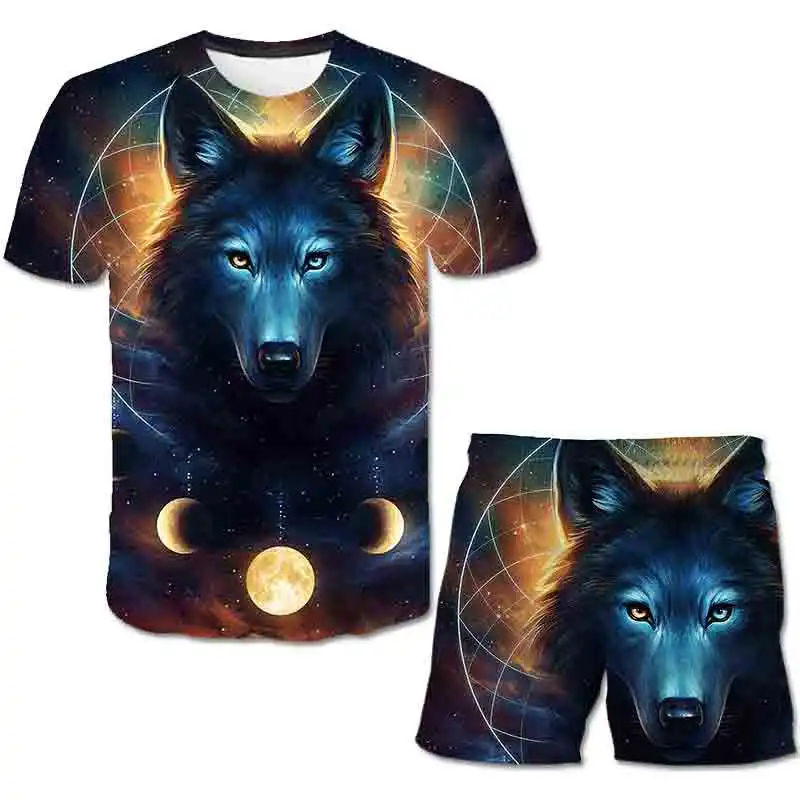 

Summer Children Wolf T Shirts Shorts Suits Boys Girls Cartoon Short Sleeves Tops + Elastic Waist Trousers 2PCS Clothing Outfits