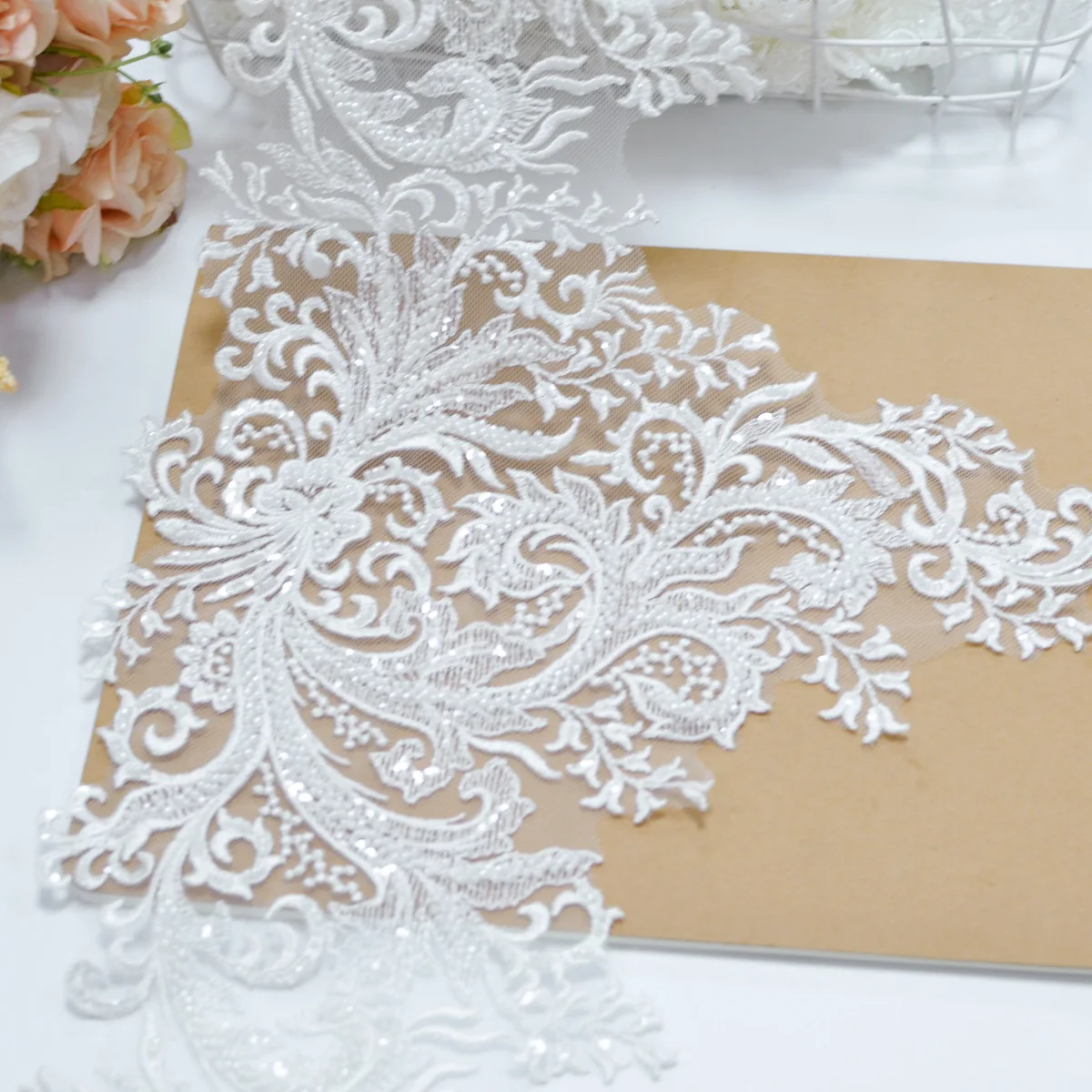 32cm*1yard Fashion sequins beaded lace trimmings for wedding dresses DIY sewing flower embroidered trims