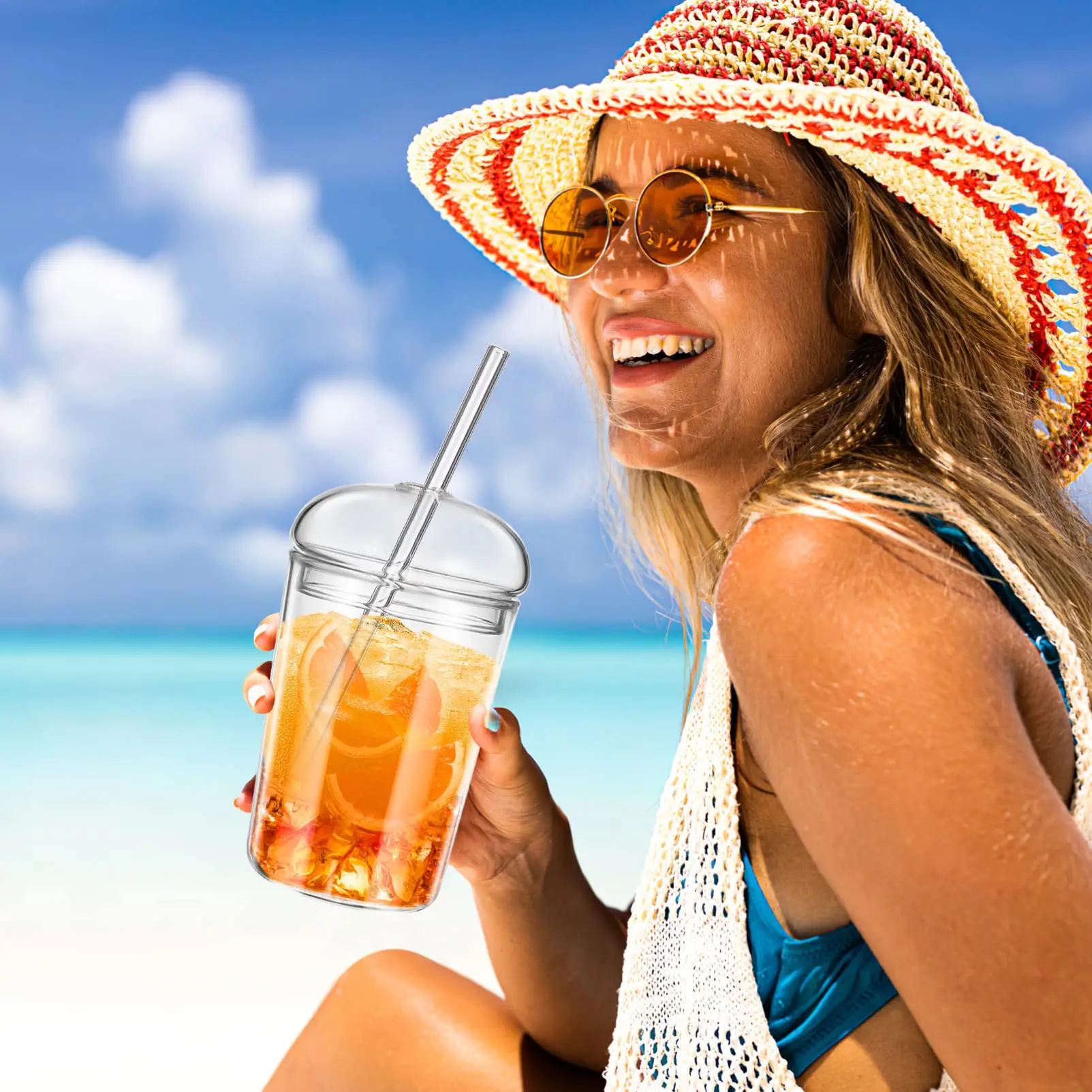 500ml Glass Coffee Cups With Lids Straws,Clear Smoothie Glasses