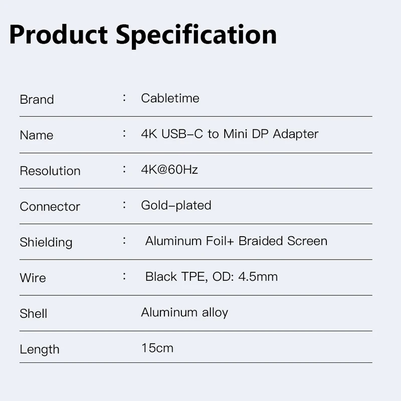 케이블타임 USB C-미니 디스플레이포트 어댑터 4K 60Hz 노트북 맥북 화웨이 메이트 40 30 프로 삼성 S20 미니 DP 컨버터 C384