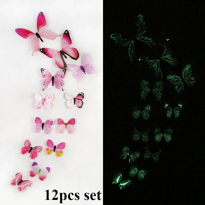 12pcs Glow-in-the-Dark 3D Butterfly Wall Decals - UV Luminous Stickers