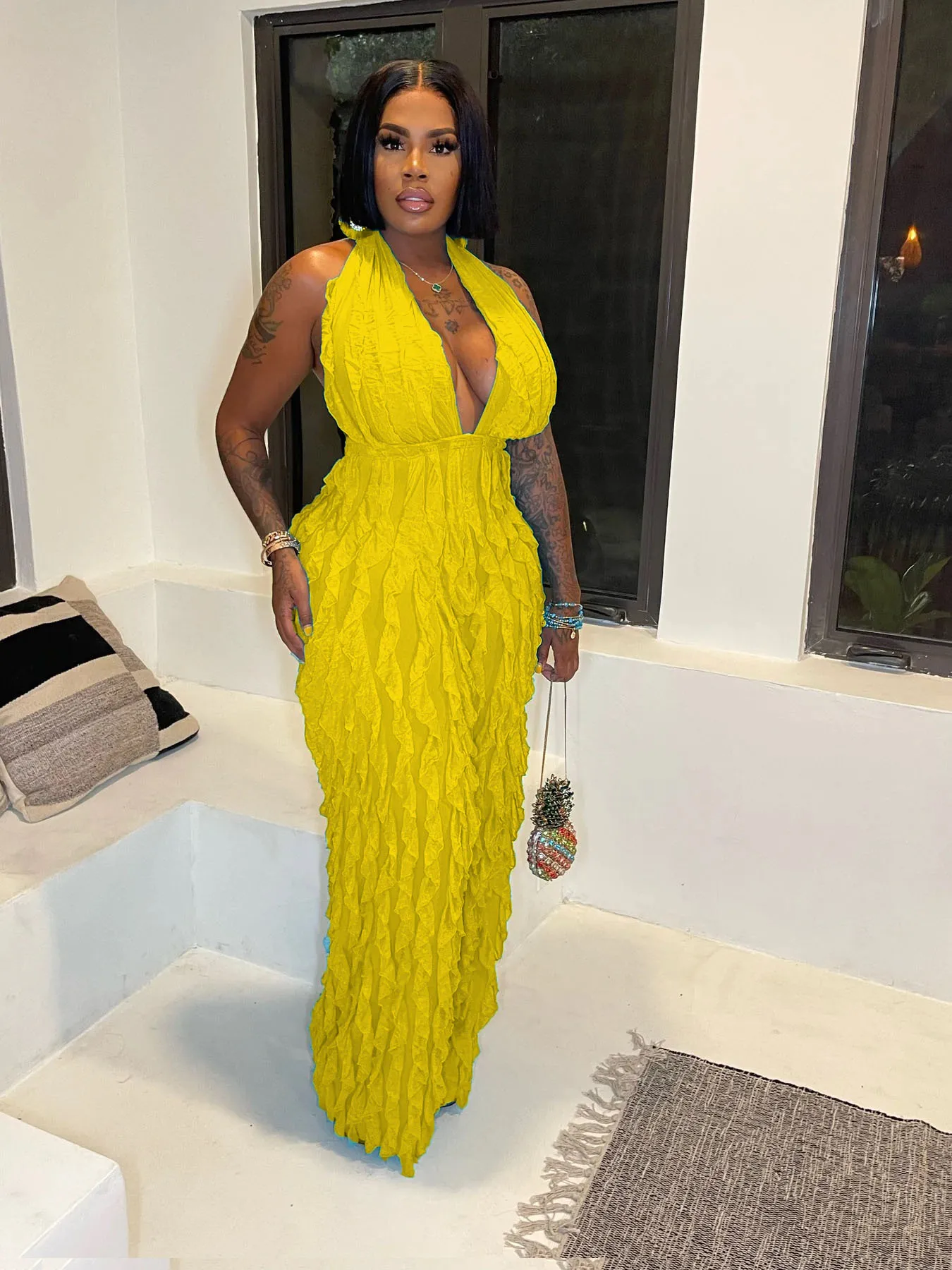 Women's Sheer Mesh Ruffles Halter Deep V-neck Sleeveless Wave Jumpsuits Wide Leg Rompers 2023 Playsuit Sexy Party Clubwear
