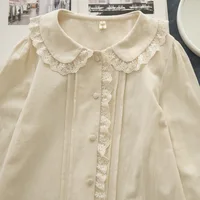 New Autumn 100% Cotton White Shirts Women Solid Cute Tops Girl Peter Pan Collar Long Sleeve Chic Lace Blouses Spring T39134QM - Image 2