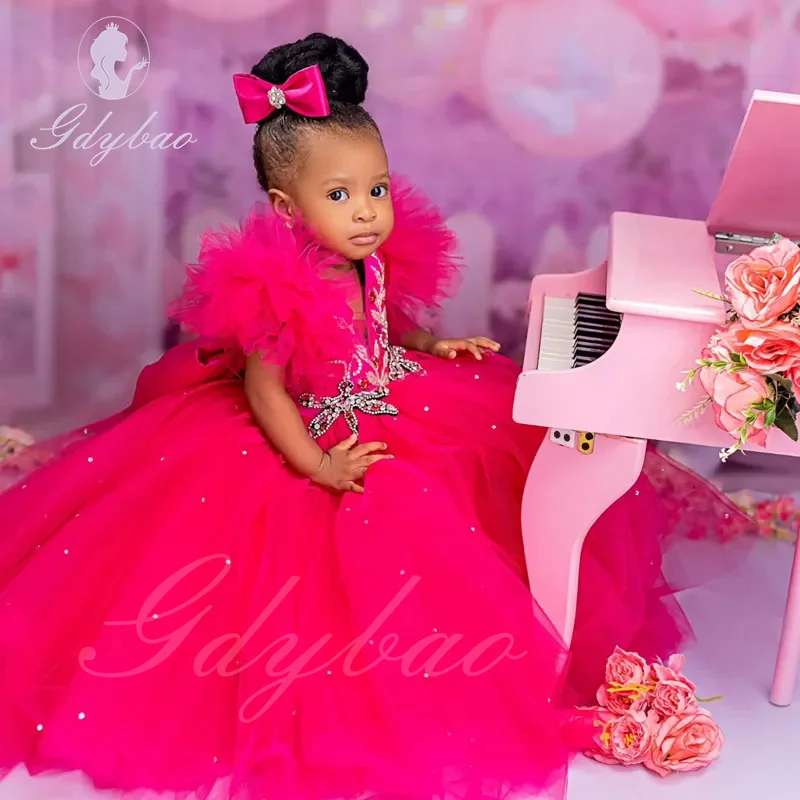 Rose Pink Flower Girl Dress For Wedding Applique Puffy Sleeveless Baby Kids Birthday Party First Communion Gowns