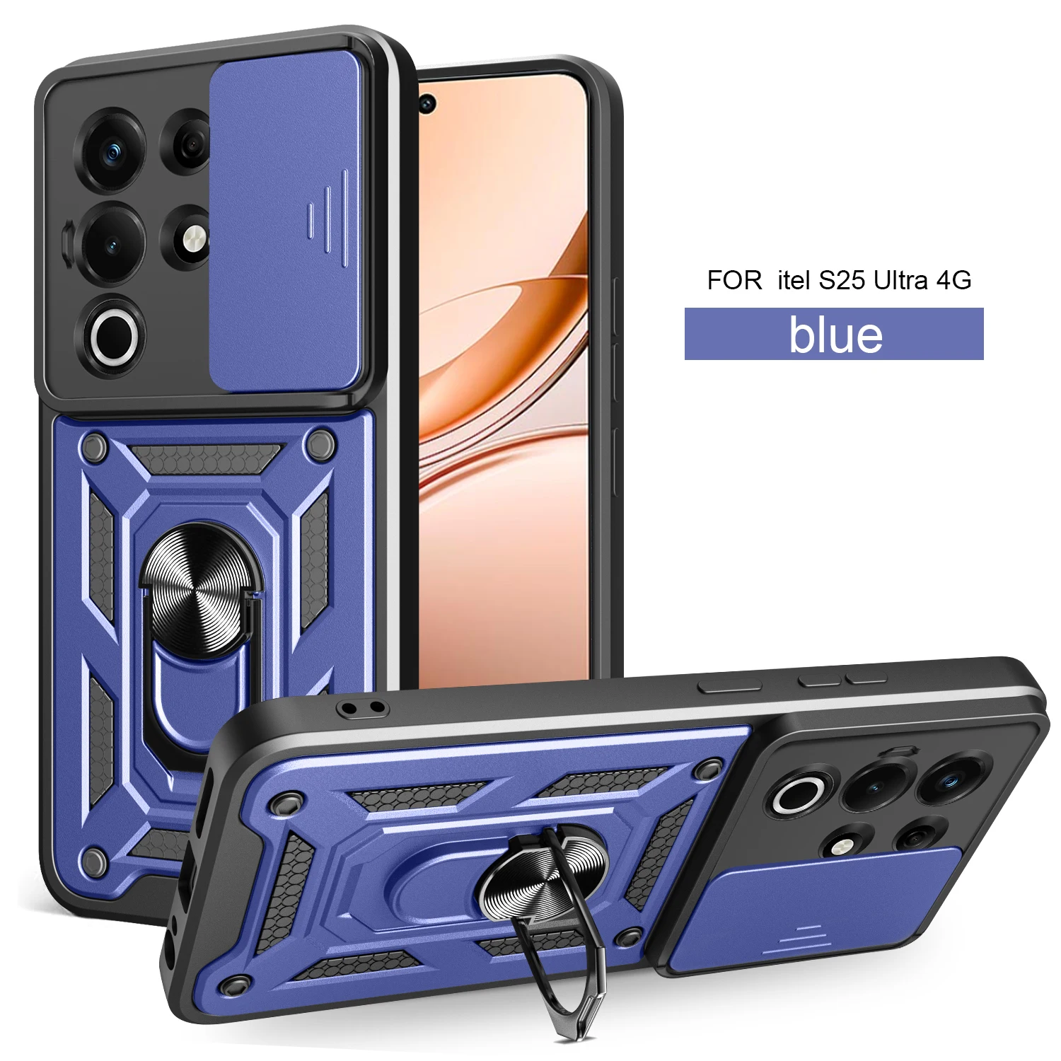 Itel Super 26 Ultra Magnetic Ring Holder Armor Phone Case with Slide Camera Protection