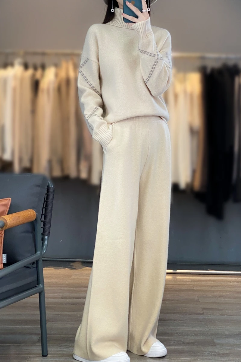 Autumn and Winter New 100% Wool Fashion Flat Double Pocket Wide Leg Pants Thickened Embossed High Flip Collar Woolen Sweater Set embossed buckle belt women western pu leathers belt fashion teens waiststrap