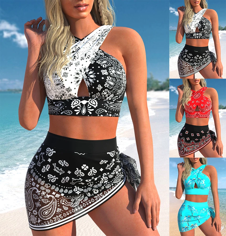 New Summer Beach Women's Bikini Two Piece Swimming Suit Water Drop Print Cross Tie Beach Suit S-6XL