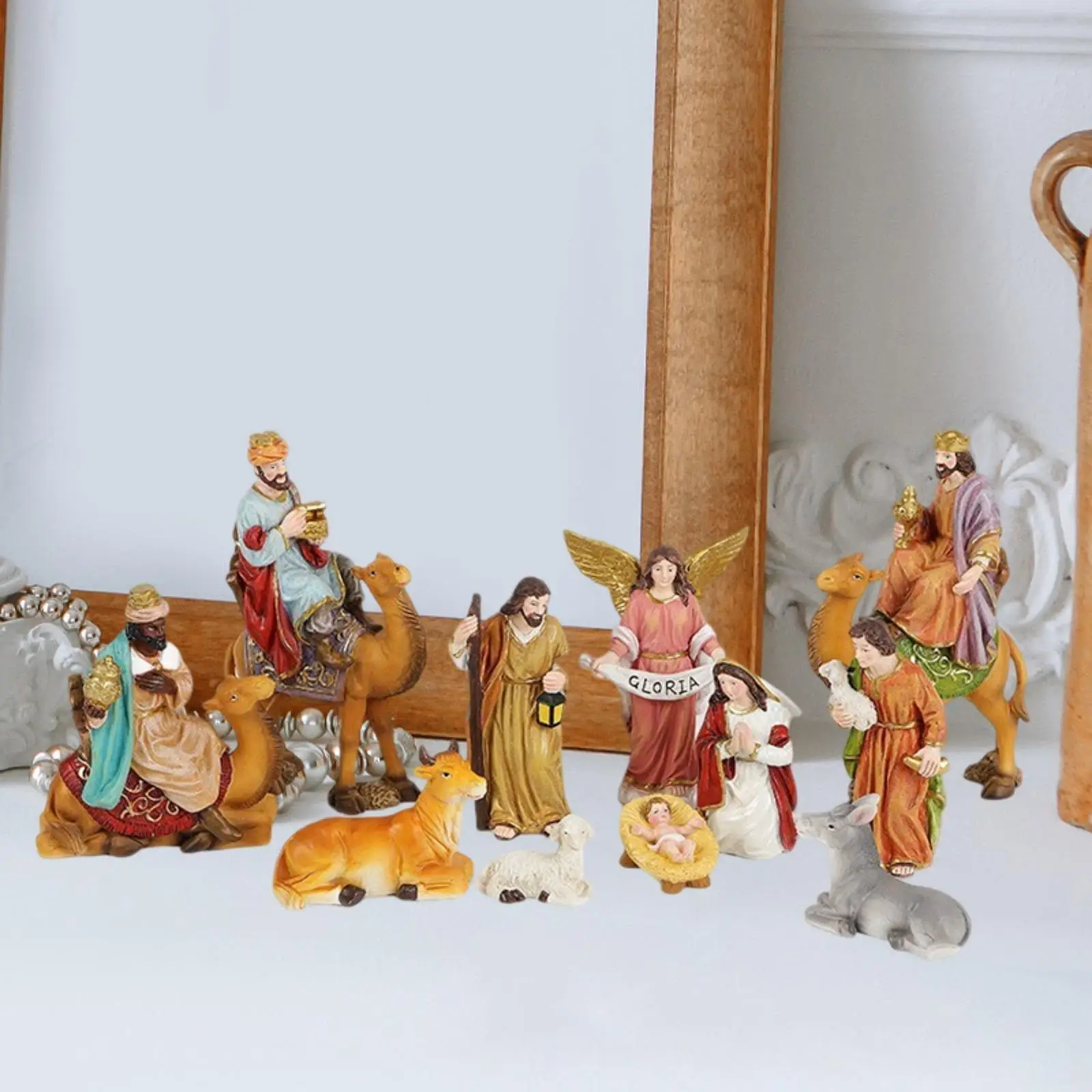 11Pcs Christmas Nativity Scene Collection Crafts Holy Family Nativity Figurine Resin Statue for Hallway Cabinet Living Room