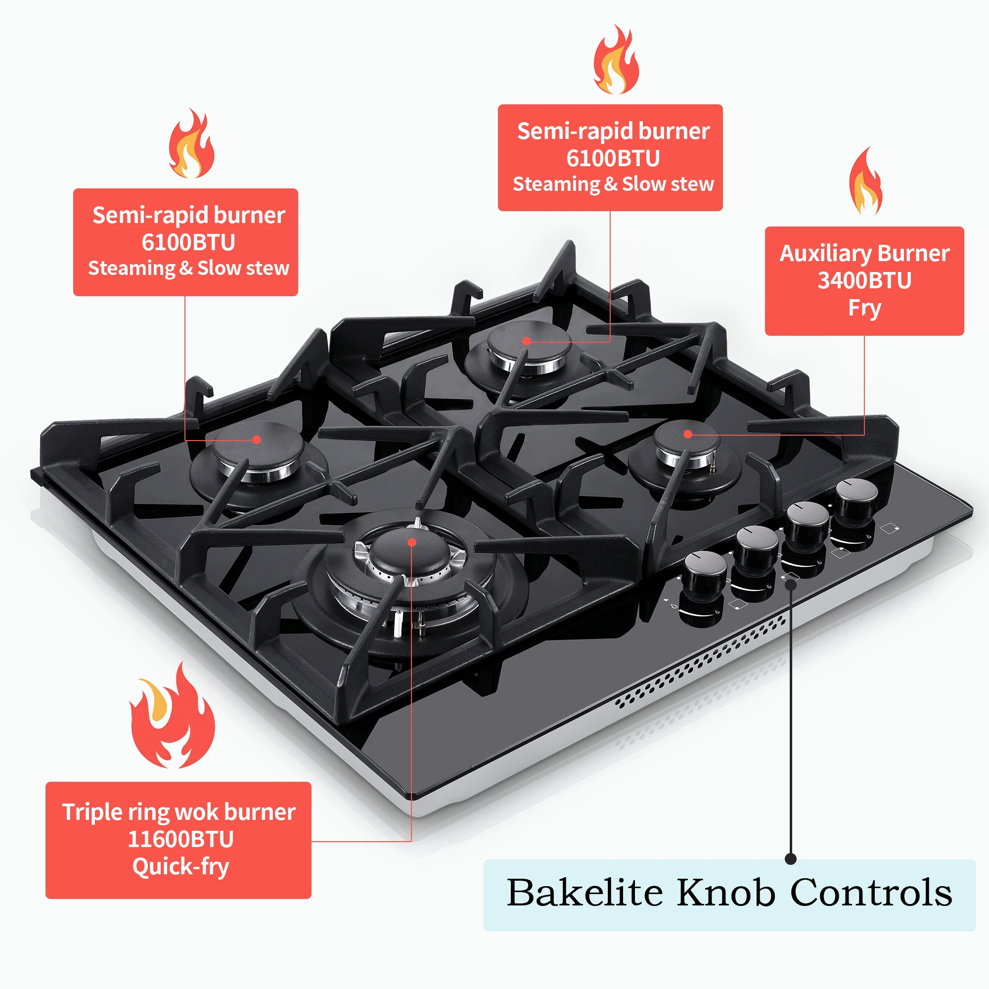 24 Inch 4-Burner Gas Cooktop | Dual Fuel NG/LPG Convertible | Thermocouple Protection & Built-in Design | Tempered Black Glass 2