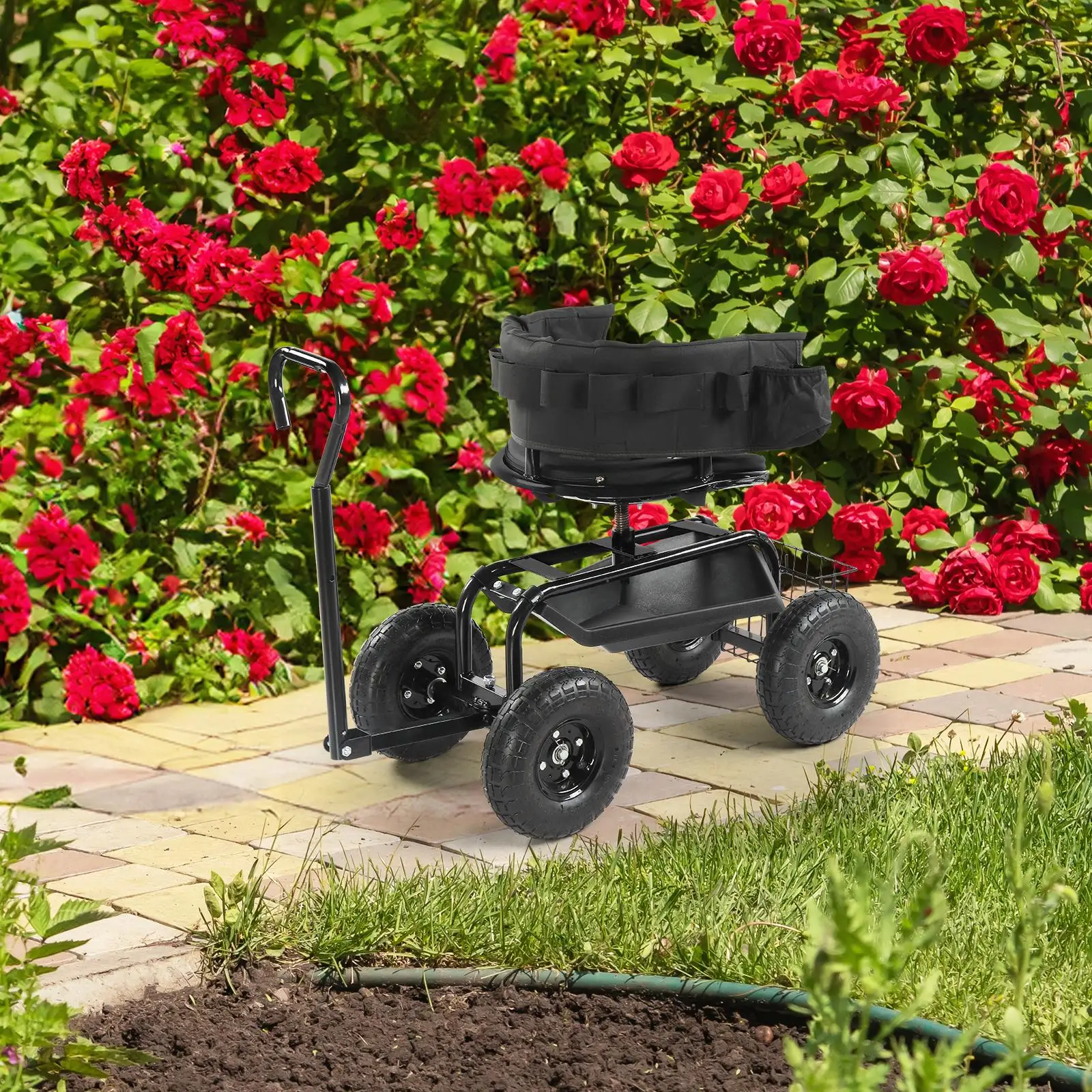 360&deg; Swivel Gardening Cart with Cushioned Seat & Tool Tray Outdoor for planting Stool with Steering Handle Black