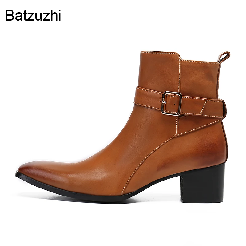 Batzuzhi Men Boots 6cm Heels Pointed Toe Buckles Zip Brown Genuine Leather Ankle Boots Men Luxury Fashion Botas Hombre, 38-46