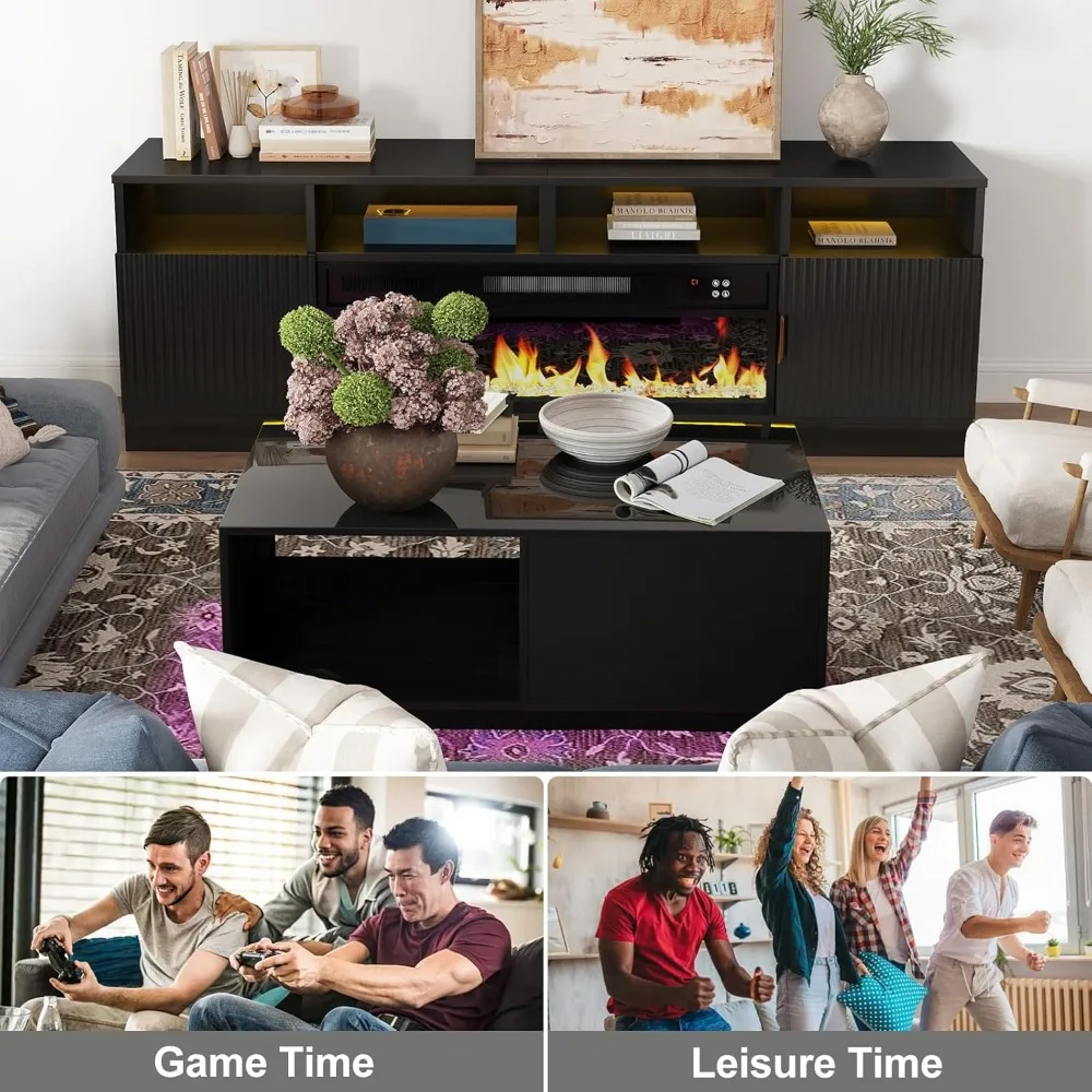 43.3IN LED Black Coffee Tables for Living Room with 16 Colors LED Lights Modern Coffee Table with Storage Drawer, Customized