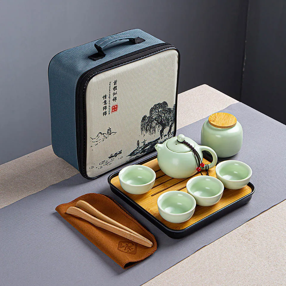 Chinese Tea Travel Set Kung Fu Ceramic Portable Teacups Teapot Porcelain Gaiwan Cups Ceremony Tools