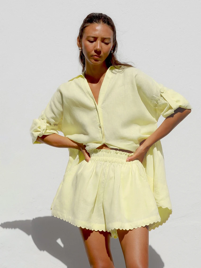 Marthaqiqi Causal Women'S Pajamas 2 Piece Set Turn-Down Collar Sleepwear Long Sleeve Nightgowns Shorts Cotton Ladies Pijama Suit