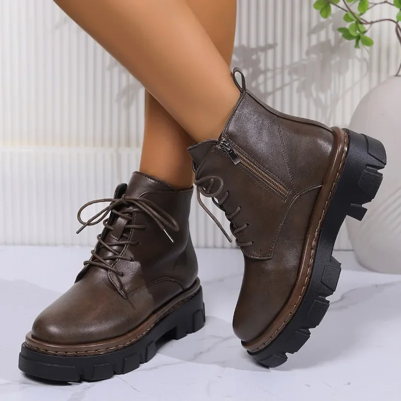 

Ботинки женские однотонные на платформе, дизайнерские модные ботинки из искусственной кожи, на шнуровке, с круглым носком, в стиле ретро, зимний сезон