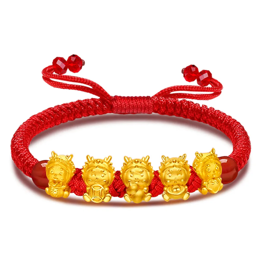 

New Pure 999 24K Yellow Gold Bracelet 3D Lucky Five Dragon Bead Red Cord Weave Bracelet