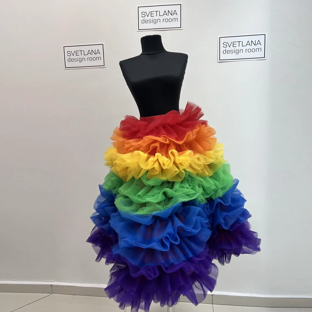 

Puffy Rainbow Tiered Ruffled Tulle Skirt Chic Lush Mesh Women Skirts Pretty Colorful Tulle Short Prom Party Ball Gown Skirt