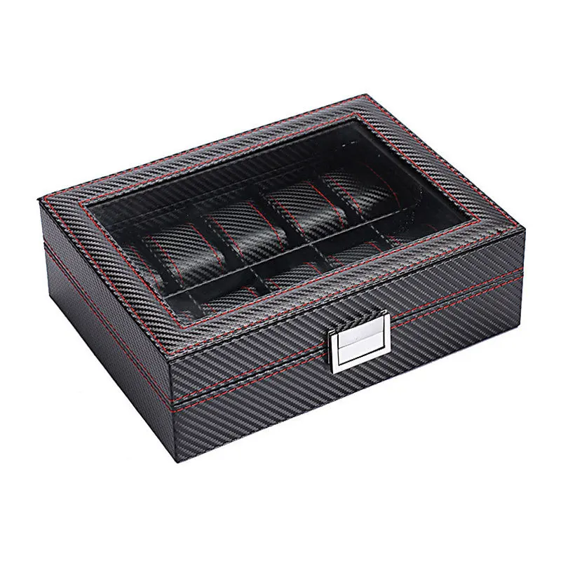 Watch Box 6 Slot Watch Box Organizer for Men Display Case with Glass Topped for Gift Business Carbon Fiber Leather