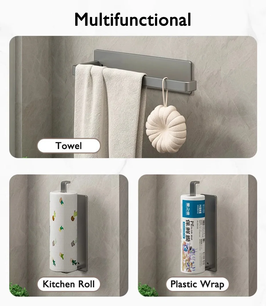 Description Picture 3 of itemPaper Towel Holder Steel Self Adhesive Toilet Roll Paper Holder No Punch Kitchen Bathroom Lengthen Rack Cling Film Tissue Hanger