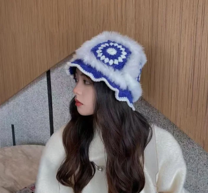 

Hollowed Out Fisherman's Hat Rabbit Hair Sen Series Knitted Basin Hat Korean Chao Brand High-end Fur Hand Woven Hat Blue
