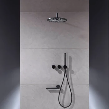 ระบบฝักบัวแบบติดผนังสีดำด้าน ทองเหลือง 3 ฟังก์ชั่น สไตล์มินิมอล น้ำร้อนน้ำเย็น ก๊อกน้ำอ่างอาบน้ำในห้องน้ำ 2