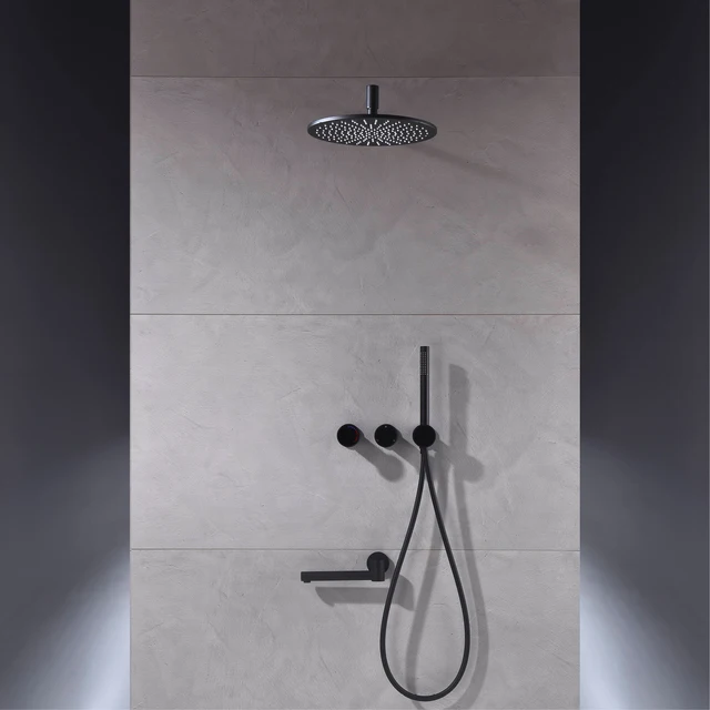 ระบบฝักบัวแบบติดผนังสีดำด้าน ทองเหลือง 3 ฟังก์ชั่น สไตล์มินิมอล น้ำร้อนน้ำเย็น ก๊อกน้ำอ่างอาบน้ำในห้องน้ำ 2