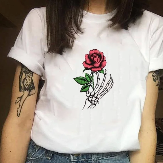 

2019 New Fashion Summer Women Short T Shirt Rose with Skeleton Hand T-Shirt