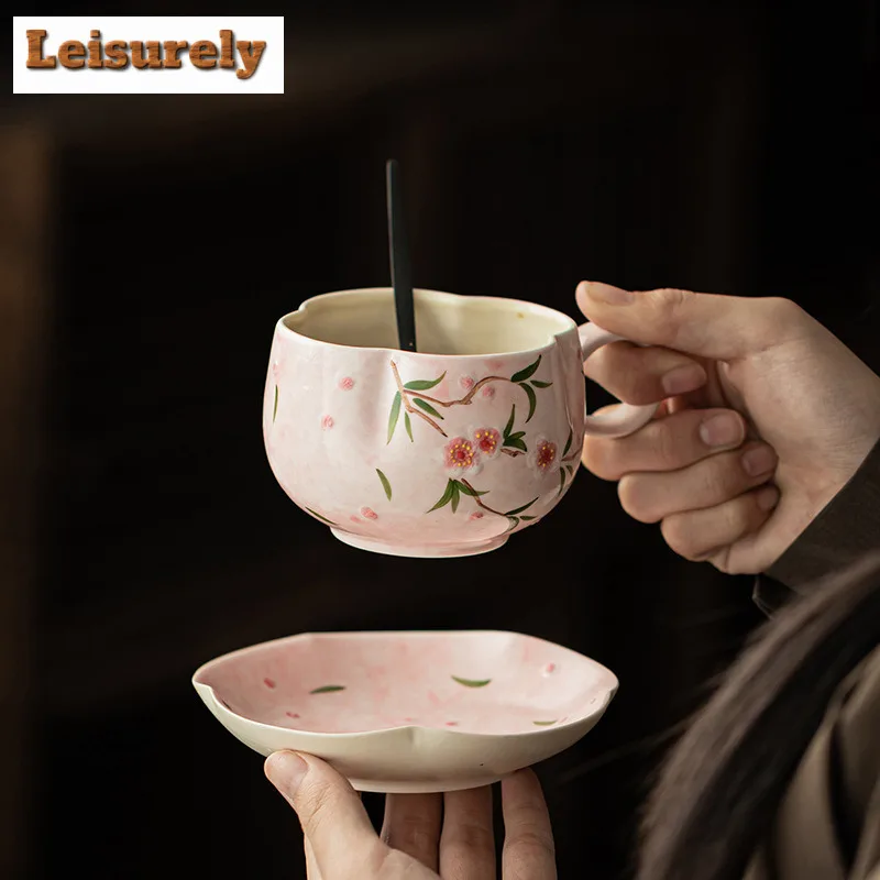 200ml Hand-painted Peach Blossom Coffee Mug With Plate Milk Cup Afternoon Tea Mug Coffee Milk Pot Cup Saucer Kit Cafes Supplies