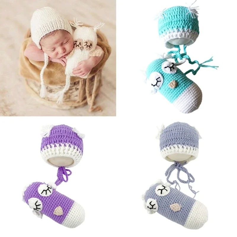 

Baby Photography Props Handmade Crochet Owl Hat with Set Warm & Stylish Baby Cap with Toy set for Boys Girls Gift