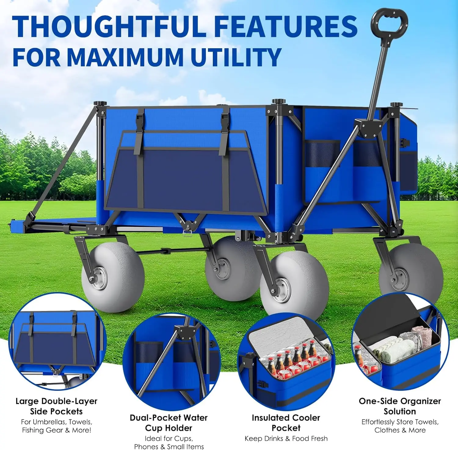 Beach Wagon with Big Wheels for Sand - 450lbs Load Heavy Duty Wagons Carts Foldable with 9" All Terrain Inflatable Tires