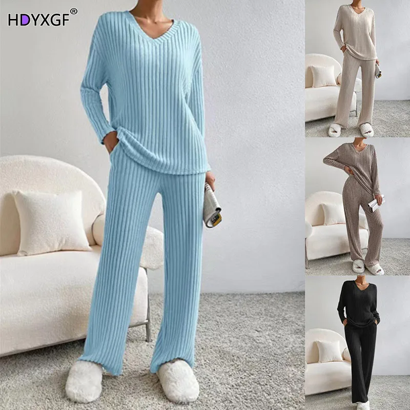 

Solid Color V-neckline Casual Long Sleeve Sweater+high Waist Wide Leg Pocket Pants Korea Fashion Baggy Cozy Knitted 2 Piece Sets