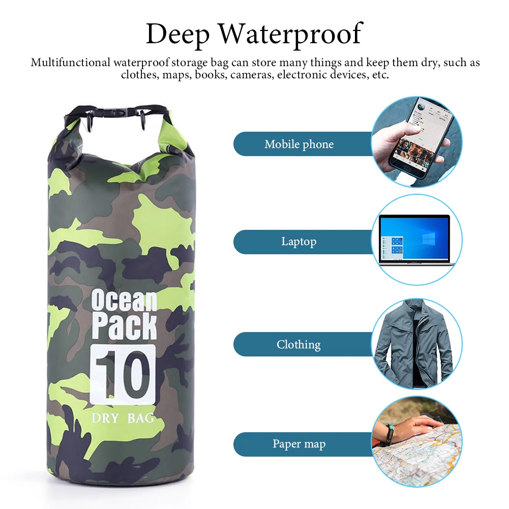 Waterproof Dry Bag 2/5/10/20/30L Diving Bag Waterproof Camouflage Swimming Bag Beach Rafting Outdoor Boating Kayaking Travel Storage
