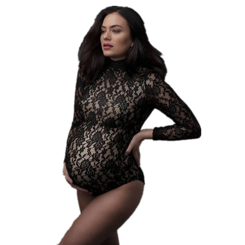 

See Through Lace Maternity Photography Props Jumpsuit Turtle Neck Stretchy Lace Pregnancy Photo Shoot Bodysuit Long Sleeve