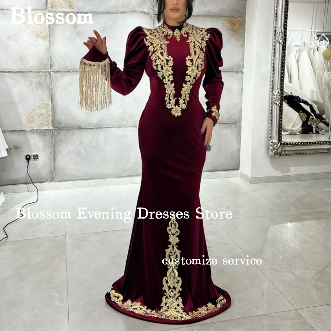 

Burgundy Long Sleeves Mermaid Evening Dresses 2024 Gold Appliques Arabia Prom Dresses Formal Wedding Party Gown Moroccan Kaftan