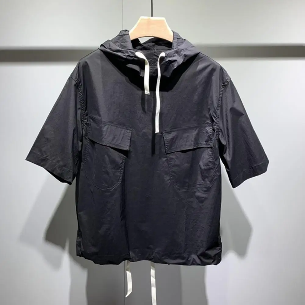Solid Color Tops Shorts Set Men's Casual Hooded Drawstring Top Wide Leg Shorts Set for Summer Outfit Elastic Waist Cargo Outfit