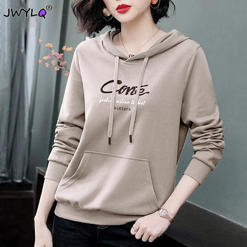 

M-4xl Spring Autumn Hooded Pocket Letter Print Sweatshirts Korean Fashion Loose Long Sleeve Pullovers Streetwear Womens Clothing