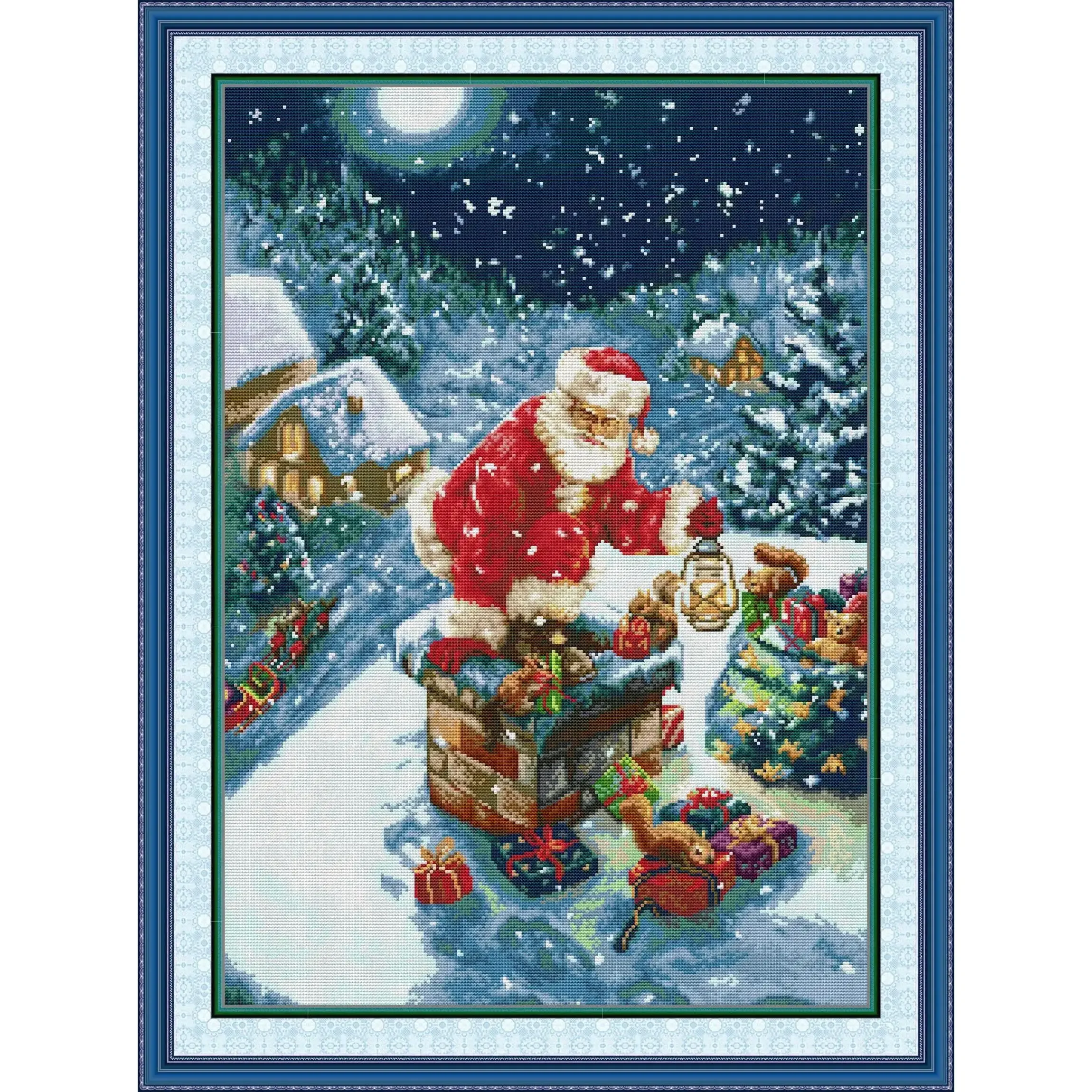 Joy Sunday Pre-printed Cross Stitch Kit Easy Pattern Aida Stamped Fabric Embroidery Set-Santa's Gift