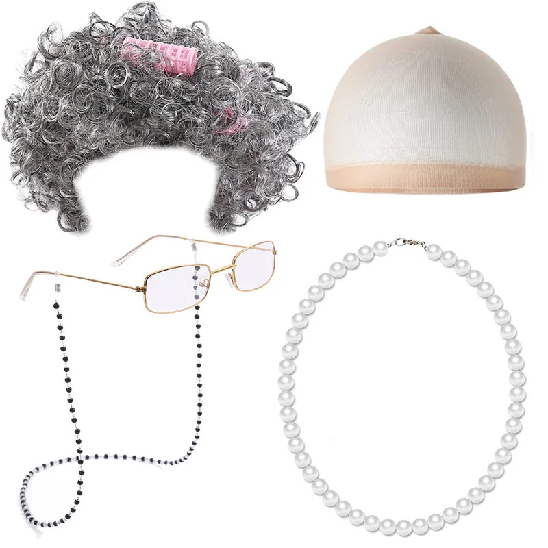 Old Lady Costume Women Kids Girls Adults 100 Day Of School Dress Up Grandma Grey Wig Granny Glasses Halloween Cosplay Accessory
