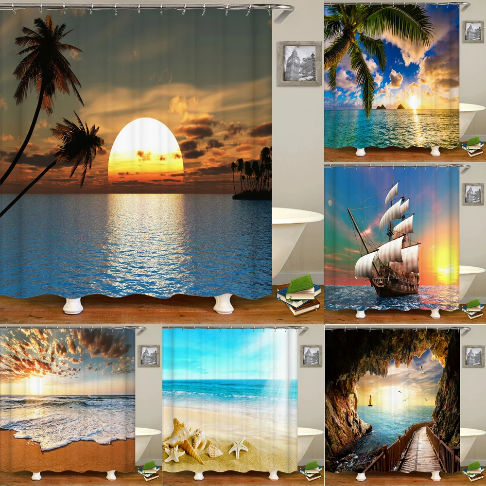 Zonlicht Oceaan Landschap Douche Gordijnen Decoratie Waterdichte Stof