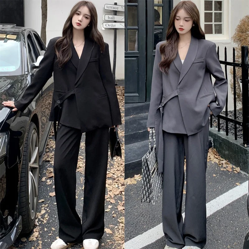 플러스 사이즈 뚱뚱한 소녀 슬리밍 하이 센스 블레이저 겉옷 가을과 겨울 느슨한 드레이프 정장 바지 양복 투피스 여성