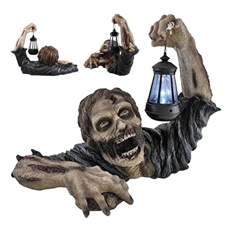 

Halloween Crawling Zombie Lantern Statue Resin Craft Battery Operated Skull Ornaments Glowing Ghost Lamp In Hand Garden Figurine