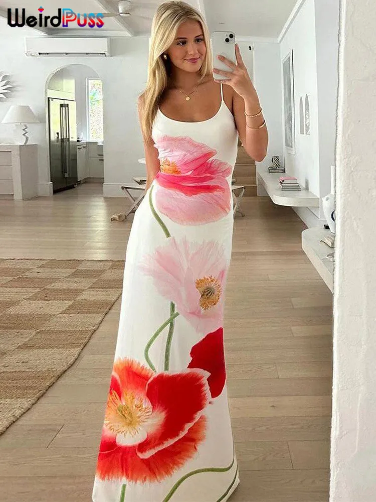 nibber Sexy Summer Flowers Camis Dress Women 2024 New Trend Sleeveless Soft Stretch Sweet Maxi Bodycon Skinny Elastic Vestidos
