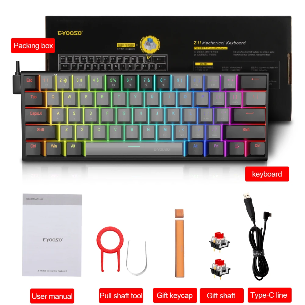 E-YOOSO Z11 rgb usb 60% ミニメカニカルゲーミングキーボード青赤