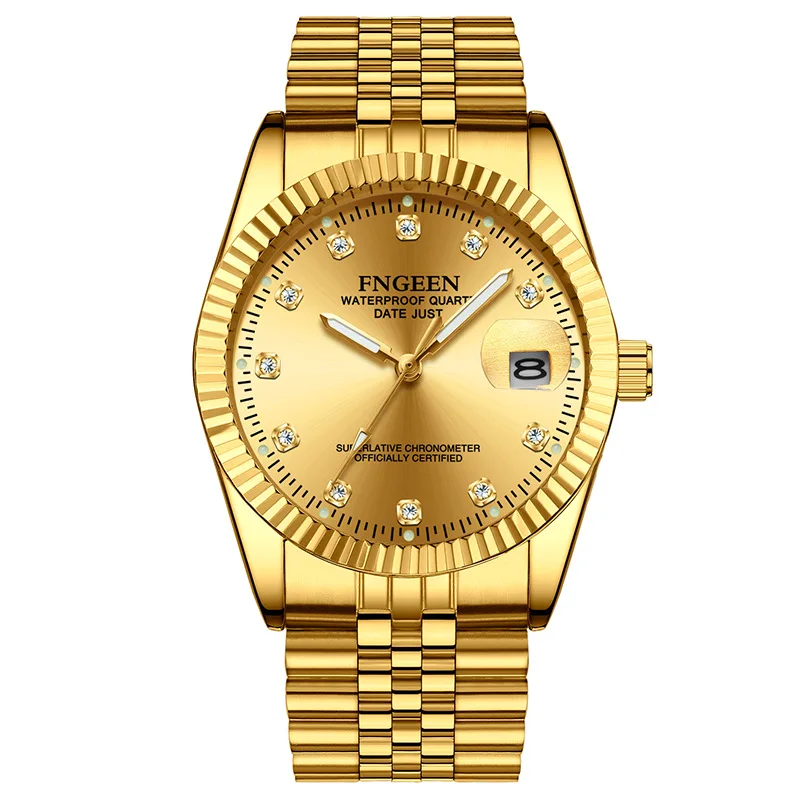 FNGEEN coppia orologio in oro di lusso tempestato di diamanti uomo donna calendario data quarzo rotondo orologi impermeabili Relogio Feminino