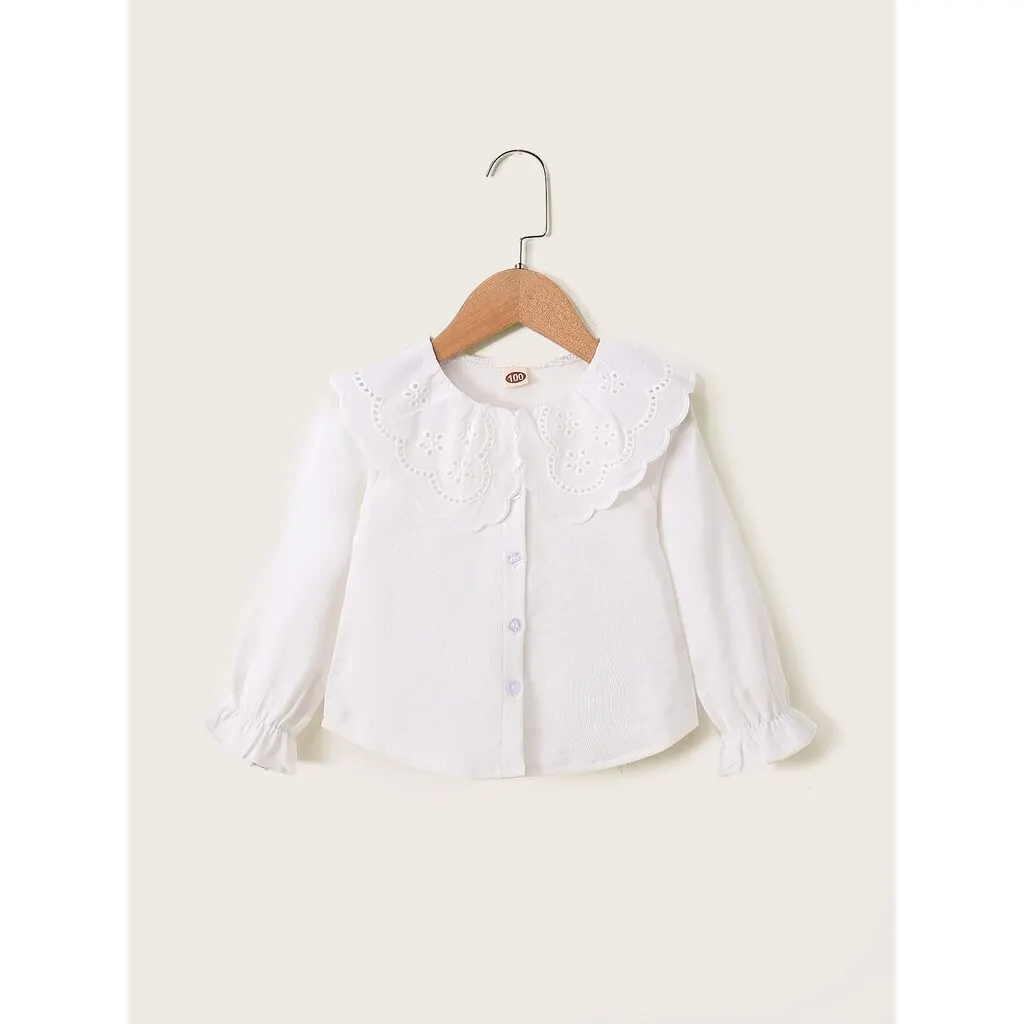 Kids Girl 1-6Y Button T Shirt Hollow Lace Collar White Long Sleeved Lovely Korean Version Top Autumn Toddler Girl Clothes 5